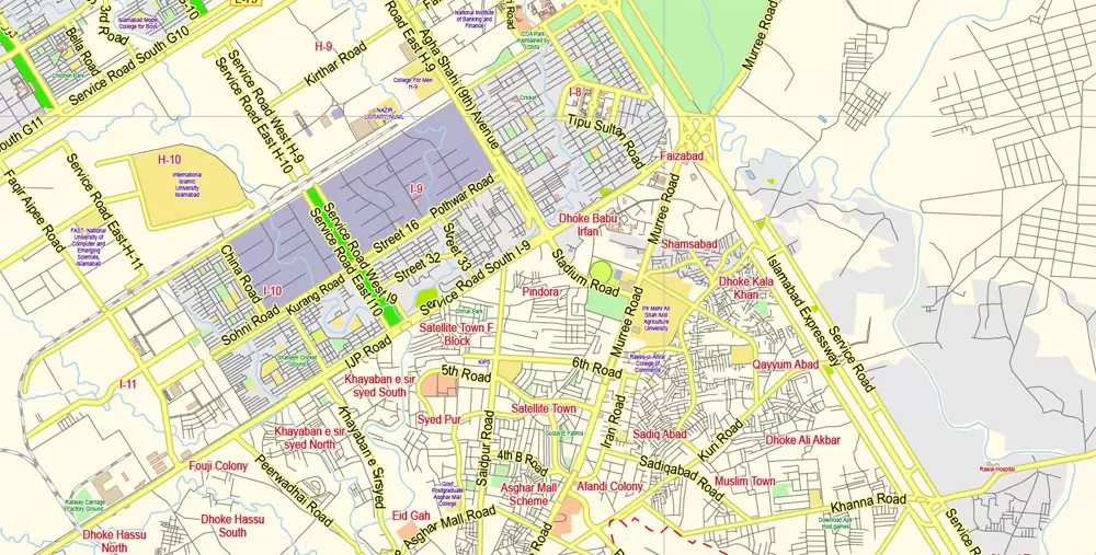 Printable Vector Map of Islamabad + Rawalpindi Pakistan EN low detailed City Plan scale 1:65290 editable Adobe Illustrator Street Map in layers for small pint size