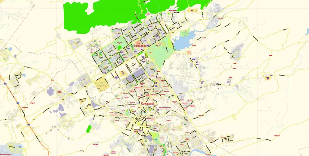 Printable Vector Map of Islamabad + Rawalpindi Pakistan EN low detailed City Plan scale 1:65290 editable Adobe Illustrator Street Map in layers for small pint size