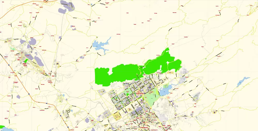 Printable Vector Map of Islamabad + Rawalpindi Pakistan EN low detailed City Plan scale 1:65290 editable Adobe Illustrator Street Map in layers for small pint size