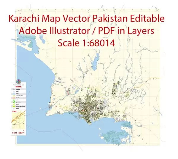 Printable Vector Map of Karachi Pakistan EN low detailed City Plan scale 1:68014 full editable Adobe Illustrator Street Map in layers for small print size