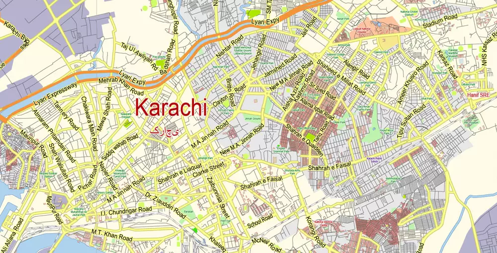 Printable Vector Map of Karachi Pakistan EN low detailed City Plan scale 1:68014 full editable Adobe Illustrator Street Map in layers for small print size