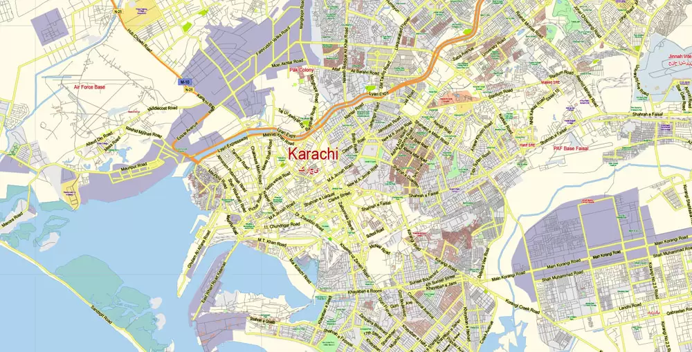 Printable Vector Map of Karachi Pakistan EN low detailed City Plan scale 1:68014 full editable Adobe Illustrator Street Map in layers for small print size