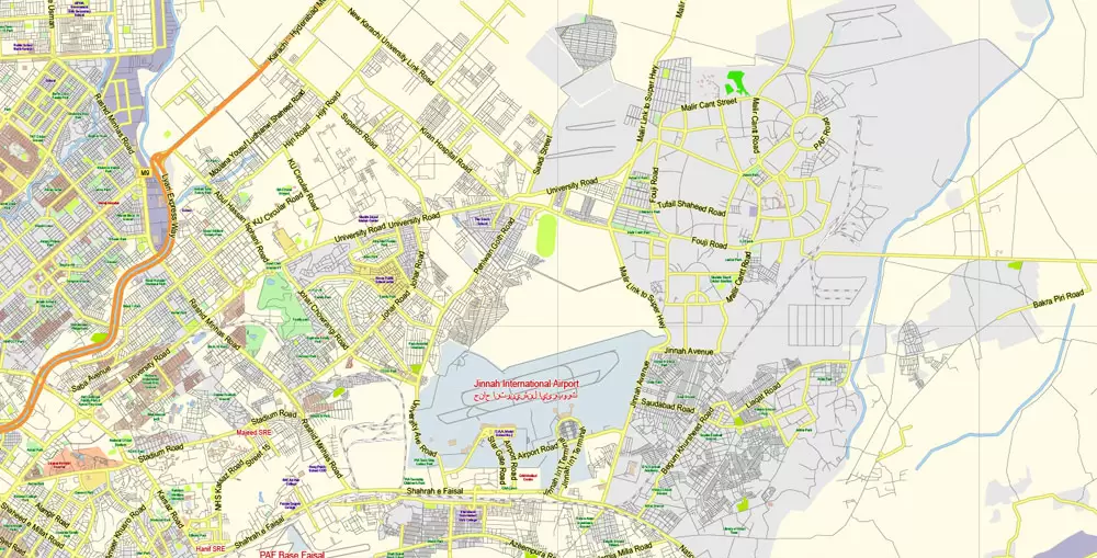 Printable Vector Map of Karachi Pakistan EN low detailed City Plan scale 1:68014 full editable Adobe Illustrator Street Map in layers for small print size