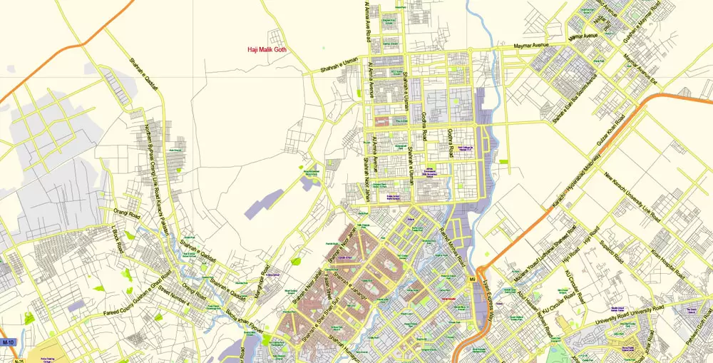 Printable Vector Map of Karachi Pakistan EN low detailed City Plan scale 1:68014 full editable Adobe Illustrator Street Map in layers for small print size