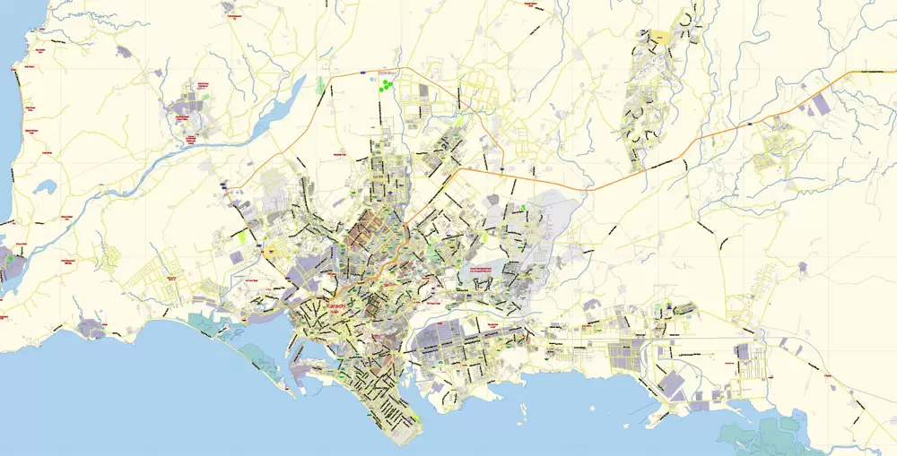 Printable Vector Map of Karachi Pakistan EN low detailed City Plan scale 1:68014 full editable Adobe Illustrator Street Map in layers for small print size