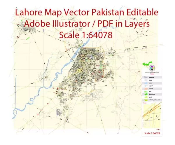 Printable Vector Map of Lahore Pakistan EN detailed City Plan scale 1:64078 full editable Adobe Illustrator Street Map in layers for small print size