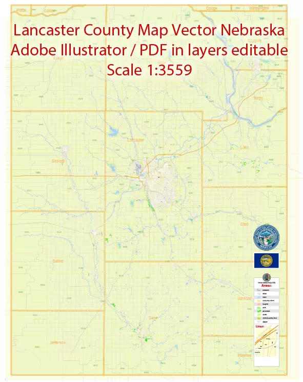 Map of Lancaster County Nebraska US detailed County Plan + Lincoln City scale 1:3559 full editable Adobe Illustrator Street Map in layers + zipcodes areas
