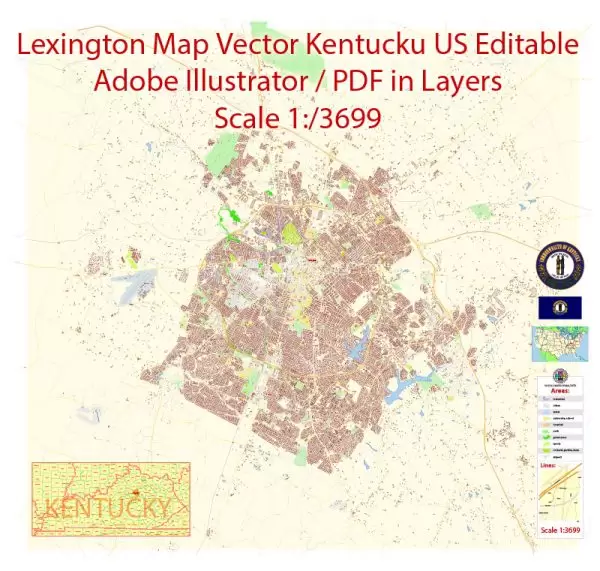 Printable Vector Map of Lexington Kentucky US detailed City Plan scale 1:4088 full editable Adobe Illustrator Street Map in layers