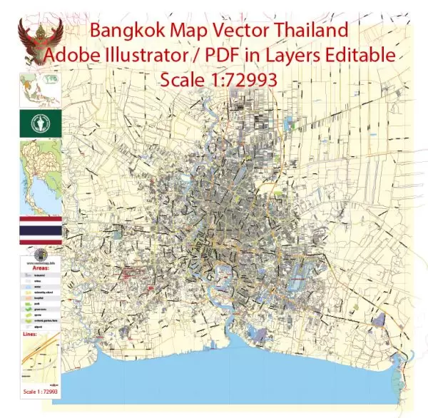 Printable Vector Map of Bangkok Thailand ENG low detailed City Plan for small print size scale 1:72993 full editable Adobe Illustrator Street Map in layers