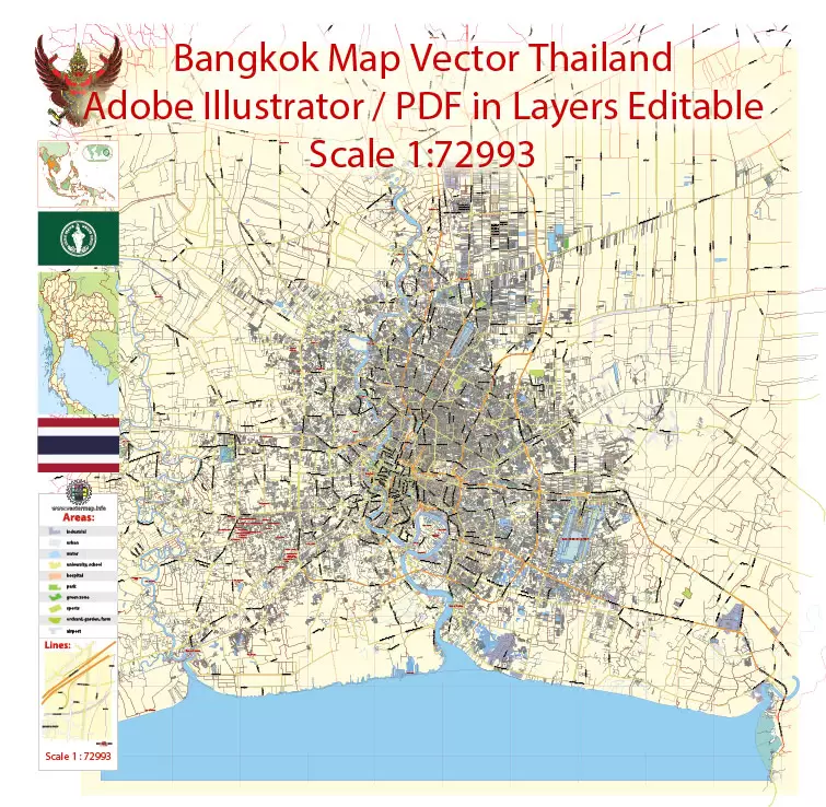 Printable Vector Map of Bangkok Thailand ENG low detailed City Plan for small print size scale 1:72993 full editable Adobe Illustrator Street Map in layers