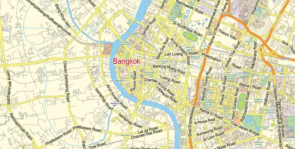 Printable Vector Map of Bangkok Thailand ENG low detailed City Plan for small print size scale 1:72993 full editable Adobe Illustrator Street Map in layers