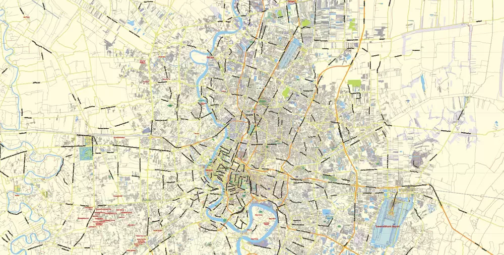 Printable Vector Map of Bangkok Thailand ENG low detailed City Plan for small print size scale 1:72993 full editable Adobe Illustrator Street Map in layers