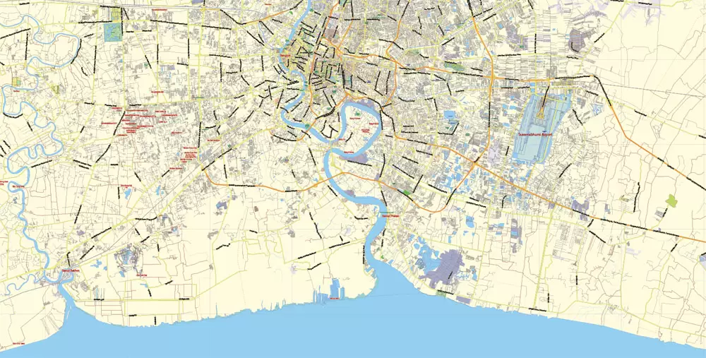 Printable Vector Map of Bangkok Thailand ENG low detailed City Plan for small print size scale 1:72993 full editable Adobe Illustrator Street Map in layers