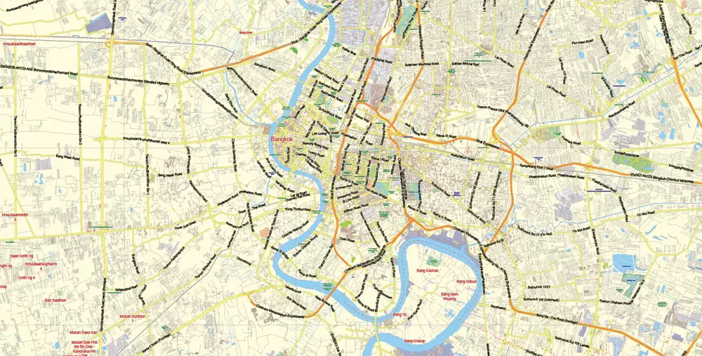 Printable Vector Map of Bangkok Thailand ENG low detailed City Plan for small print size scale 1:72993 full editable Adobe Illustrator Street Map in layers