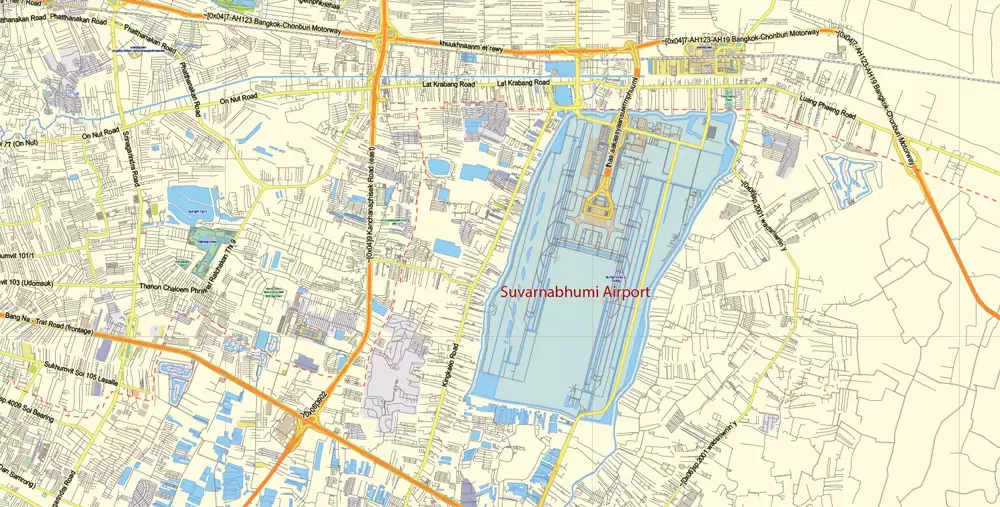 Printable Vector Map of Bangkok Thailand ENG low detailed City Plan for small print size scale 1:72993 full editable Adobe Illustrator Street Map in layers