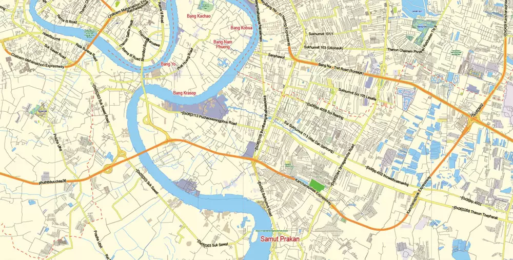 Printable Vector Map of Bangkok Thailand ENG low detailed City Plan for small print size scale 1:72993 full editable Adobe Illustrator Street Map in layers