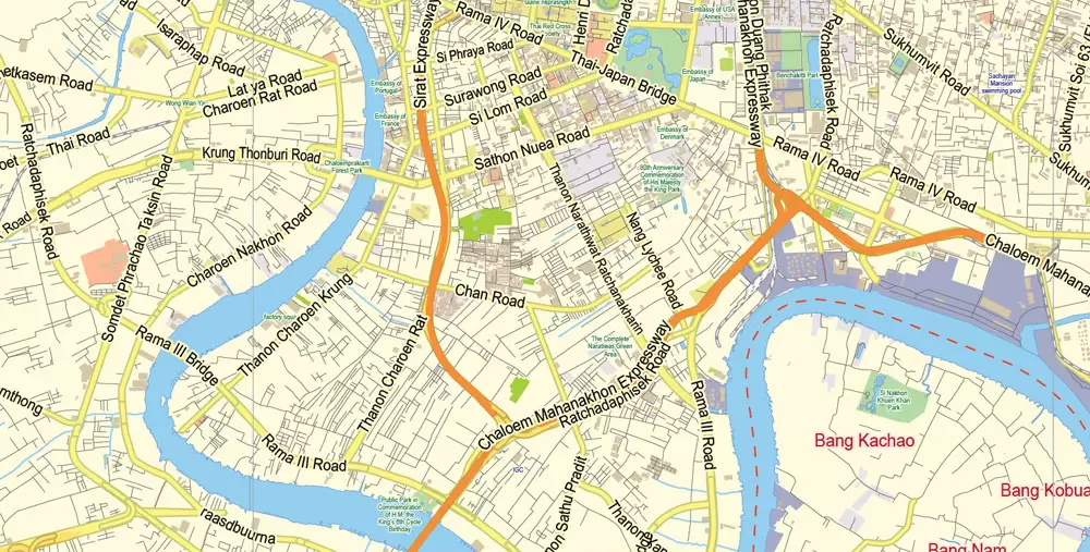 Printable Vector Map of Bangkok Thailand ENG low detailed City Plan for small print size scale 1:72993 full editable Adobe Illustrator Street Map in layers