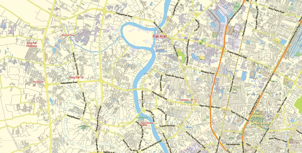 Printable Vector Map of Bangkok Thailand ENG low detailed City Plan for small print size scale 1:72993 full editable Adobe Illustrator Street Map in layers