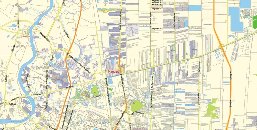 Printable Vector Map of Bangkok Thailand ENG low detailed City Plan for small print size scale 1:72993 full editable Adobe Illustrator Street Map in layers