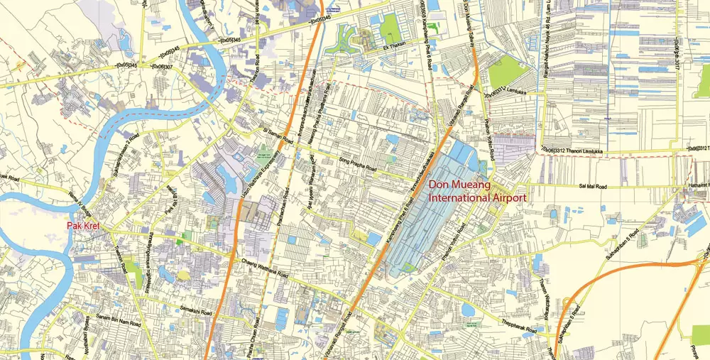 Printable Vector Map of Bangkok Thailand ENG low detailed City Plan for small print size scale 1:72993 full editable Adobe Illustrator Street Map in layers