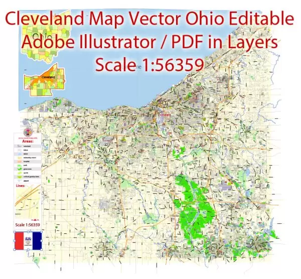 Printable Vector Map of Cleveland Ohio US low detailed City Plan for small print size scale 1:56359 full editable Adobe Illustrator Street Map in layers