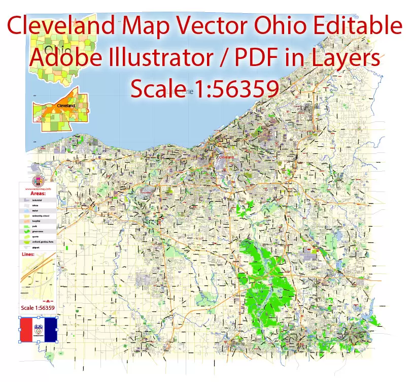 Printable Vector Map of Cleveland Ohio US low detailed City Plan for small print size scale 1:56359 full editable Adobe Illustrator Street Map in layers