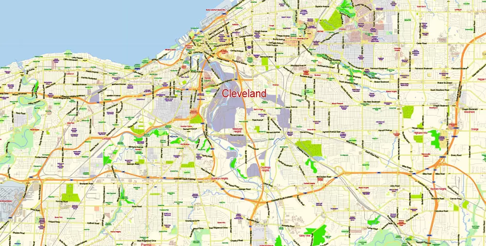 Printable Vector Map of Cleveland Ohio US low detailed City Plan for small print size scale 1:56359 full editable Adobe Illustrator Street Map in layers