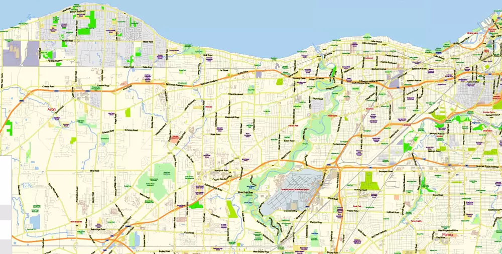 Printable Vector Map of Cleveland Ohio US low detailed City Plan for small print size scale 1:56359 full editable Adobe Illustrator Street Map in layers