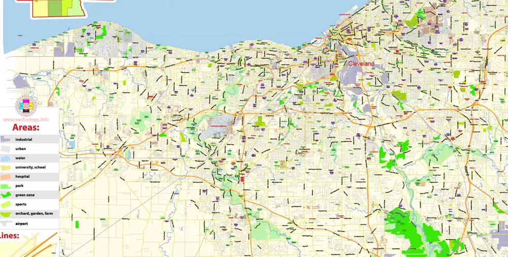 Printable Vector Map of Cleveland Ohio US low detailed City Plan for small print size scale 1:56359 full editable Adobe Illustrator Street Map in layers