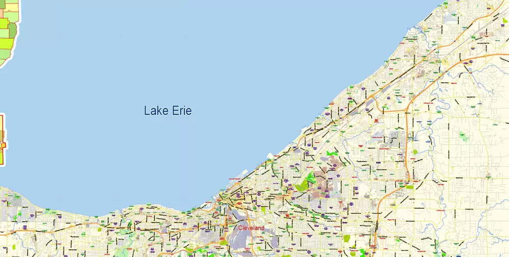 Printable Vector Map of Cleveland Ohio US low detailed City Plan for small print size scale 1:56359 full editable Adobe Illustrator Street Map in layers