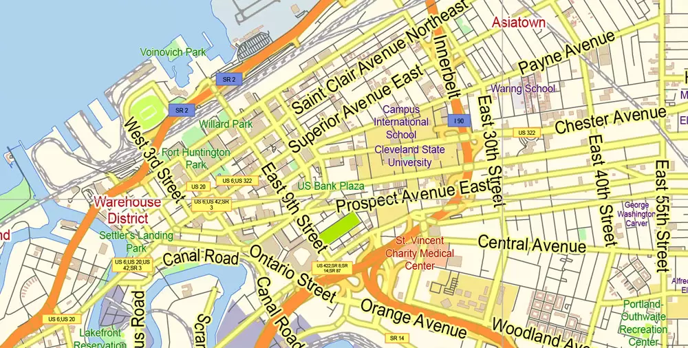 Printable Vector Map of Cleveland Ohio US low detailed City Plan for small print size scale 1:56359 full editable Adobe Illustrator Street Map in layers