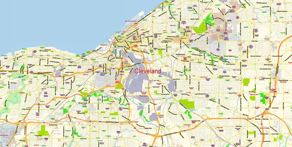 Printable Vector Map of Cleveland Ohio US low detailed City Plan for small print size scale 1:56359 full editable Adobe Illustrator Street Map in layers