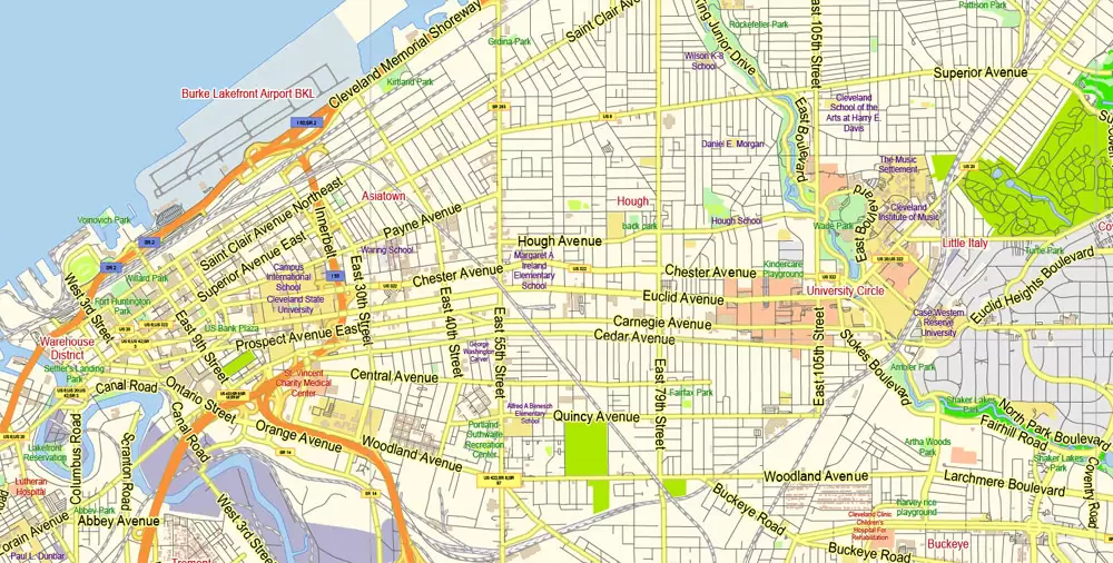 Printable Vector Map of Cleveland Ohio US low detailed City Plan for small print size scale 1:56359 full editable Adobe Illustrator Street Map in layers