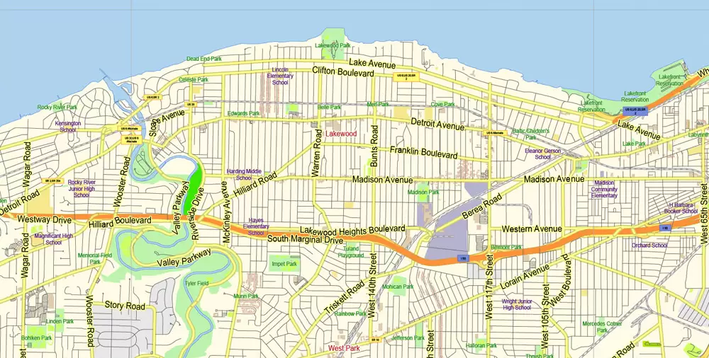 Printable Vector Map of Cleveland Ohio US low detailed City Plan for small print size scale 1:56359 full editable Adobe Illustrator Street Map in layers
