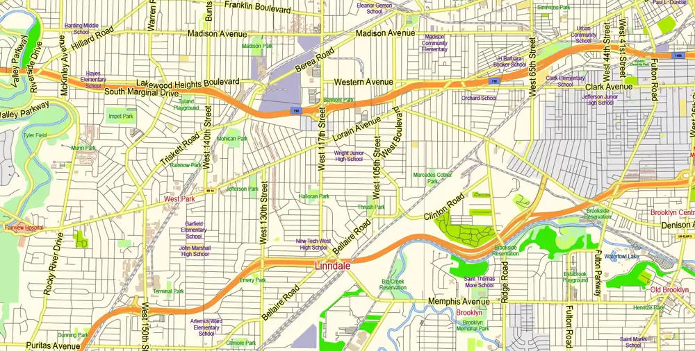 Printable Vector Map of Cleveland Ohio US low detailed City Plan for small print size scale 1:56359 full editable Adobe Illustrator Street Map in layers