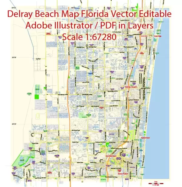 Printable Vector Map of Delray Beach Florida US low detailed City Plan for small print size scale 1:67280 full editable Adobe Illustrator Street Map in layers