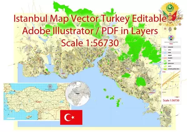 Printable Vector Map Istanbul, Turkey, exact City Plan 2000 meters scale street map editable, Adobe Illustrator in layers