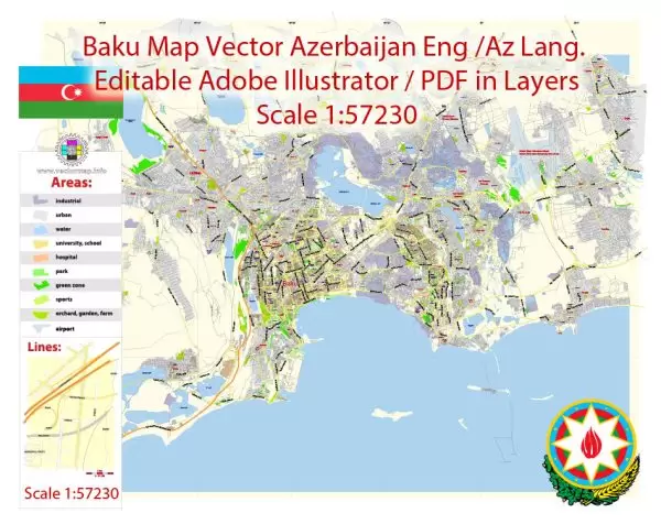 Printable Vector Map of Baku Azerbaijan ENG / AZ Low detailed City Plan scale 1:57230 editable Adobe Illustrator Street Map in layers  for small size printing