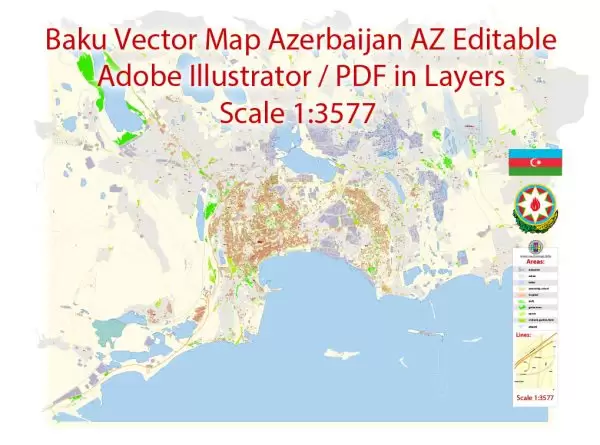 Printable Vector Map of Baku Azerbaijan AZ detailed City Plan scale 1:3577 editable Adobe Illustrator Street Map in layers