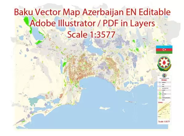 Printable Vector Map of Baku Azerbaijan EN detailed City Plan scale 1:3577 editable Adobe Illustrator Street Map in layers