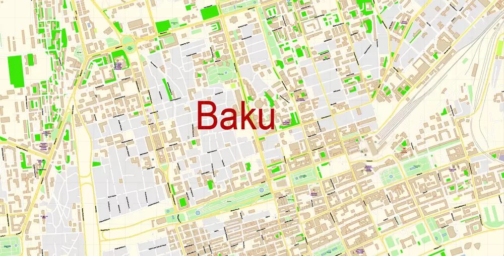 Printable Vector Map of Baku Azerbaijan EN detailed City Plan scale 1:3577 editable Adobe Illustrator Street Map in layers