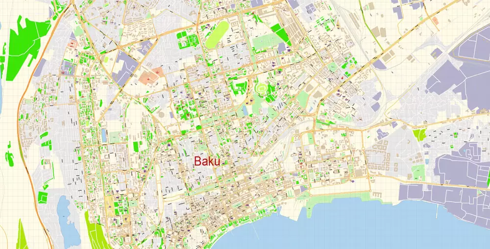 Printable Vector Map of Baku Azerbaijan EN detailed City Plan scale 1:3577 editable Adobe Illustrator Street Map in layers