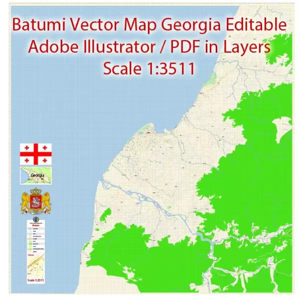 Printable Vector Map of Batumi Georgia EN detailed City Plan scale 1:3511 editable Adobe Illustrator Street Map in layers