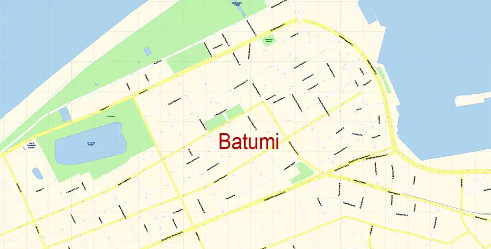 Printable Vector Map of Batumi Georgia EN detailed City Plan scale 1:3511 editable Adobe Illustrator Street Map in layers
