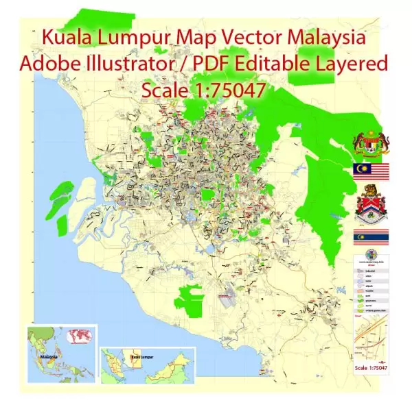 Printable Vector Map of Kuala Lumpur Malaysia ENG low detailed City Plan for small print size scale 1:75047 full editable Adobe Illustrator Street Map in layers