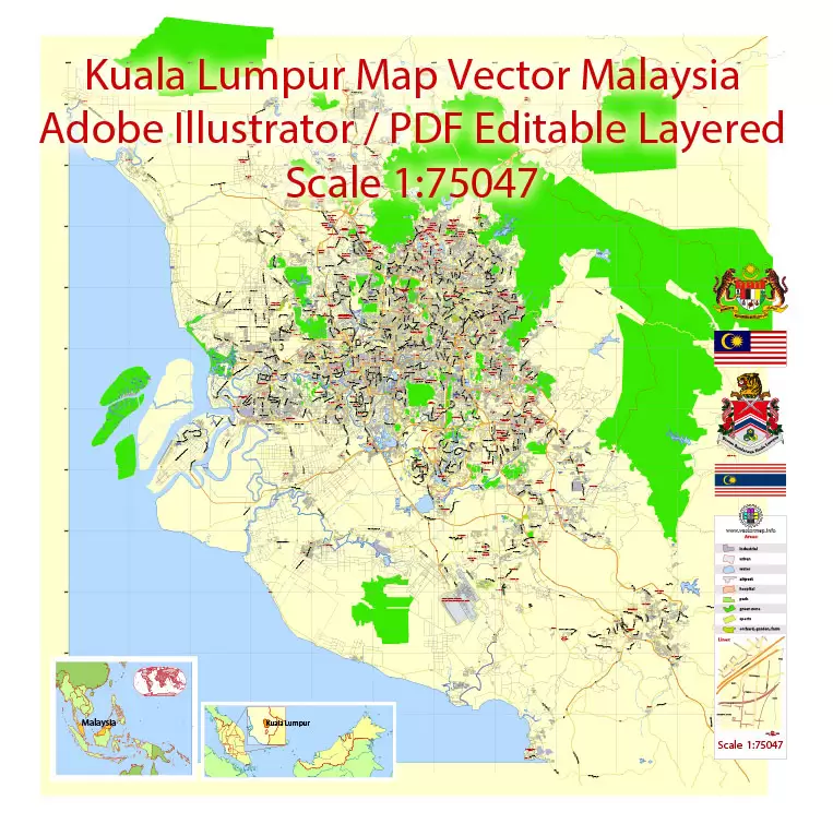 Printable Vector Map of Kuala Lumpur Malaysia ENG low detailed City Plan for small print size scale 1:75047 full editable Adobe Illustrator Street Map in layers