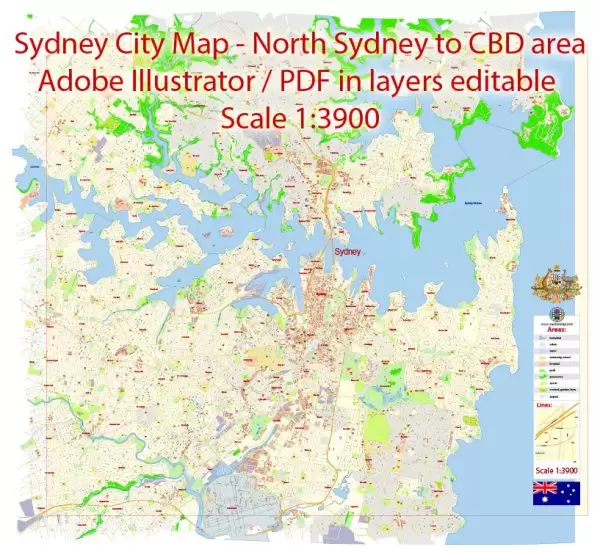 Sydney City Center Vector Map Australia exact printable City Plan editable layered Adobe Illustrator scale 1:3900 Street Map, scalable, text format all names