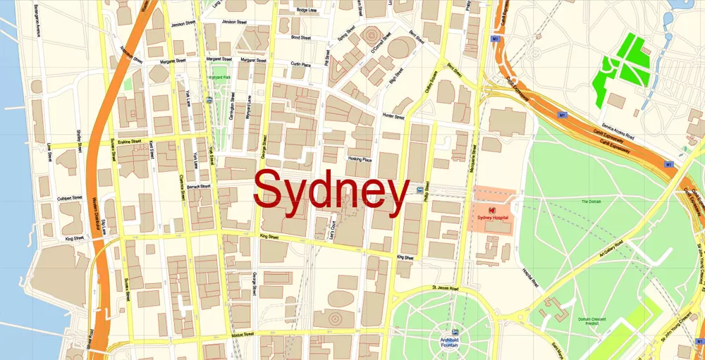 Sydney City Center Vector Map Australia exact printable City Plan editable layered Adobe Illustrator scale 1:3900 Street Map, scalable, text format all names