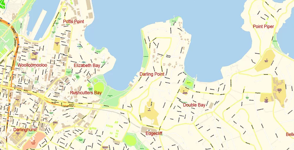 Sydney City Center Vector Map Australia exact printable City Plan editable layered Adobe Illustrator scale 1:3900 Street Map, scalable, text format all names