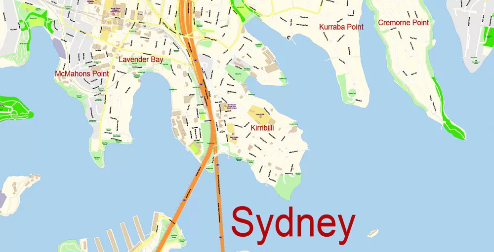 Sydney City Center Vector Map Australia exact printable City Plan editable layered Adobe Illustrator scale 1:3900 Street Map, scalable, text format all names